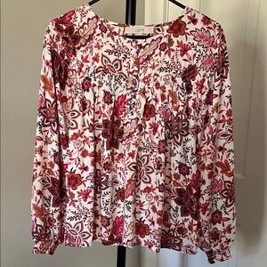 LOFT White Floral Top with Pink & Brown Print, Small